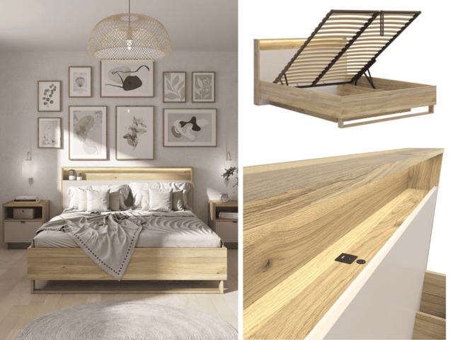 King Size Ottoman Bed Cashmere Beige Storage Lift Up Oak Bedframe with LED Light USB Media Shelf - Dalva - image 1