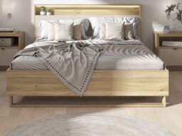 King Size Ottoman Bed Cashmere Beige Storage Lift Up Oak Bedframe with LED Light USB Media Shelf - Dalva - thumbnail 2