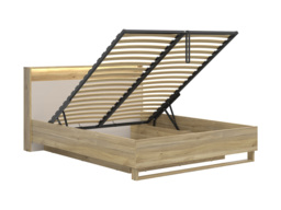 King Size Ottoman Bed Cashmere Beige Storage Lift Up Oak Bedframe with LED Light USB Media Shelf - Dalva - thumbnail 4