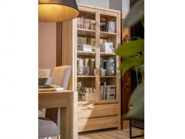 Glass Cabinet Display Unit Tall 2 Door 2 Drawer Glass Shelving Dresser in Sonoma Oak Light Wood Effect - Kaspian - image 1