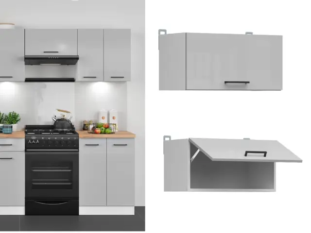 Bridging Unit Kitchen Wall Cabinet 600mm Extractor Fan Housing Lift Up Half Height Door Light Grey Gloss - Junona - image 1