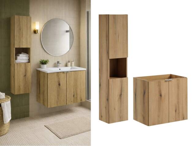 Oak Bathroom Furniture Set Wall Hung Floating Cabinets 600mm Vanity and Tall Slim Storage Shelving Unit - Nova - image 1