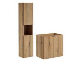 Oak Bathroom Furniture Set Wall Hung Floating Cabinets 600mm Vanity and Tall Slim Storage Shelving Unit - Nova - thumbnail 4