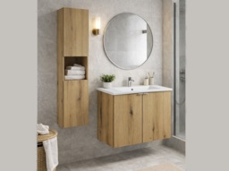 Oak Bathroom Furniture Set Wall Hung Floating Cabinets 600mm Vanity and Tall Slim Storage Shelving Unit - Nova - thumbnail 2