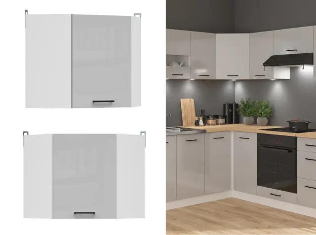 Kitchen Corner Wall Unit 600mm Modern Cupboard Cabinet L Shaped Light Grey Gloss- Junona - image 1