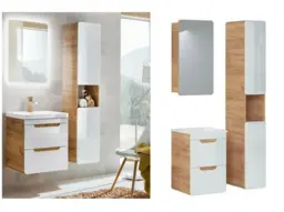 Wall Hung Bathroom Vanity Unit 400mm Drawer Furniture Set with Sink Mirror Tall Cabinet White Gloss Oak - Aruba
