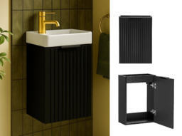 Black Cloakroom Vanity Unit Slimline Small 400mm Wall Hung Fluted Ribbed Sink Cabinet - Adel - thumbnail 1