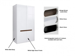 White High Gloss Modern Two Door Double Wardrobe with White Gloss/Wenge Dark Wood Effect/Black Gloss Inserts - Azteca Trio - thumbnail 3