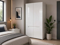 White High Gloss Double Wardrobe Modern Two Door Storage with Dark Wood or Black Inserts - Azteca Trio