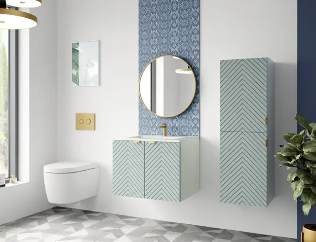 Wall Bathroom Set 600mm Vanity Cabinet Tall Storage Unit Ribbed Fluted Soft Green with Inset Ceramic Sink - Cara - image 1