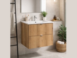 Bathroom Vanity Unit 600mm Wall Hung Sink Cabinet Floating Drawers Oak Effect - Nova - thumbnail 2