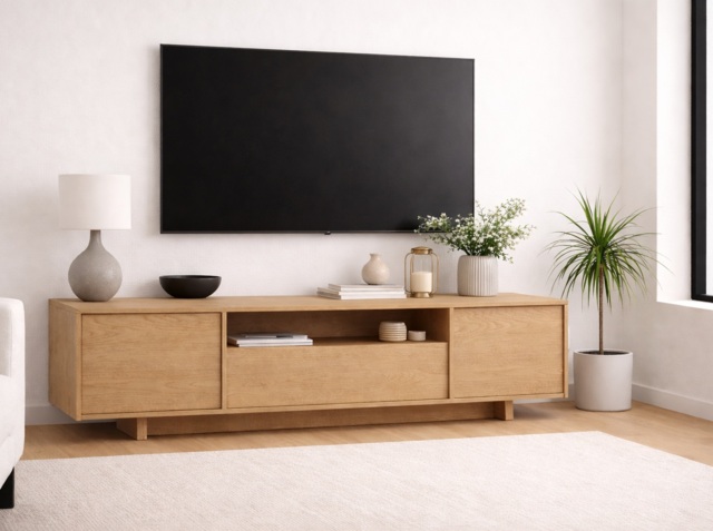 Extra Large TV Unit with Storage 200cm Wide Cabinet Modern Stand Washed Light Oak Handleless - Japandi - image 1