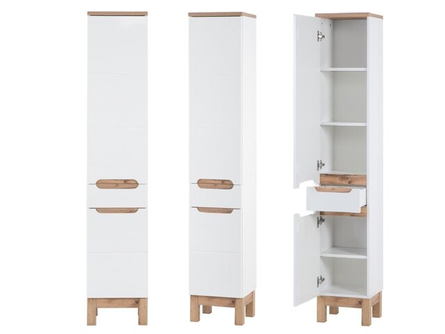 Tall Slim Bathroom Cabinet Two Door One Drawer Bathroom Storage Cabinet White Gloss and Oak - Bali - image 1