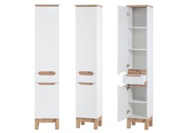 Tall Slim Bathroom Cabinet Two Door One Drawer Bathroom Storage Cabinet White Gloss and Oak - Bali