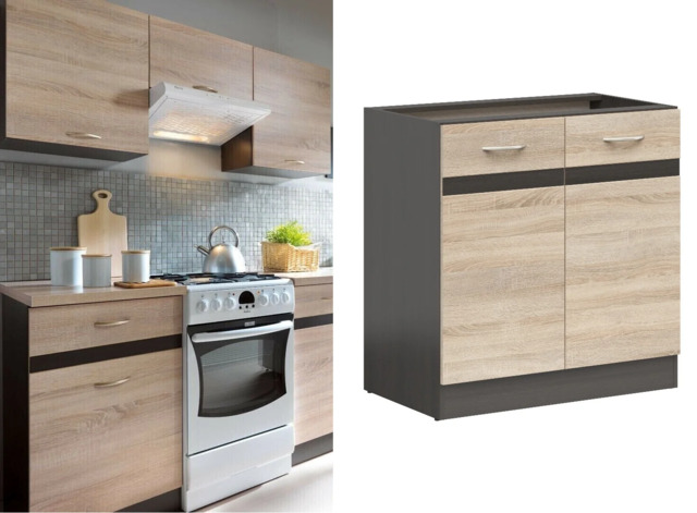 Kitchen Base Unit 800mm Cabinet 2 Door 80cm Cupboard Storage Dark Wood Wenge and Light Oak Effect - Junona - image 1