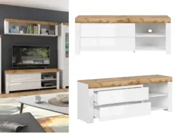 Large TV Cabinet Scandi TV Unit White Gloss Media Entertainment Stand with Drawer Storage 156cm Oak Top - Holten
