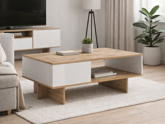 Coffee Table with Storage Shelf 120cm Modern Rectangular Open Shelving White Gloss and Oak - Zele - image 1