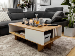 Coffee Table with Storage Shelf 120cm Modern Rectangular Open Shelving White Gloss and Oak - Zele - thumbnail 2