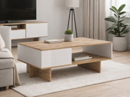 Coffee Table with Storage Shelf 120cm Modern Rectangular Open Shelving White Gloss and Oak - Zele - thumbnail 1