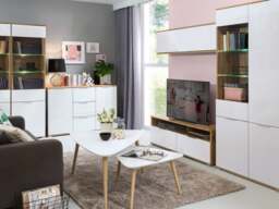 Coffee Table with Storage Shelf 120cm Modern Rectangular Open Shelving White Gloss and Oak - Zele - thumbnail 3