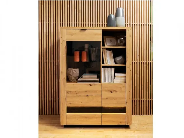Compact Glass Display Dresser Cabinet 2 Drawers 2 Doors Artisan Oak and Black Effect with LED - Ostia - image 1