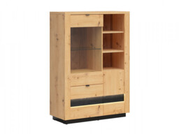Compact Glass Display Dresser Cabinet 2 Drawers 2 Doors Artisan Oak / Burnt Board Effect with LEDs - Ostia - thumbnail 3