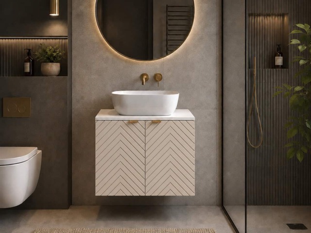 600mm Vanity Unit with Basin Wall Hung Fluted Beige Bathroom Cabinet White Worktop Gold Handles - Cara - image 1