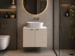 600mm Vanity Unit with Basin Wall Hung Fluted Beige Bathroom Cabinet White Worktop Gold Handles - Cara - thumbnail 1