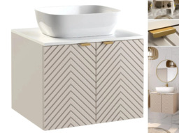 Bathroom Vanity Unit with White Countertop 600mm Floating Herringbone Fluted Cashmere Beige and Sit on Sink - Cara - thumbnail 1