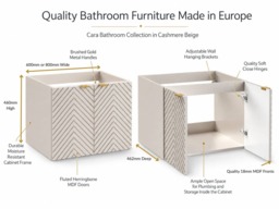 600mm Vanity Unit with Basin Wall Hung Fluted Beige Bathroom Cabinet White Worktop Gold Handles - Cara - thumbnail 3
