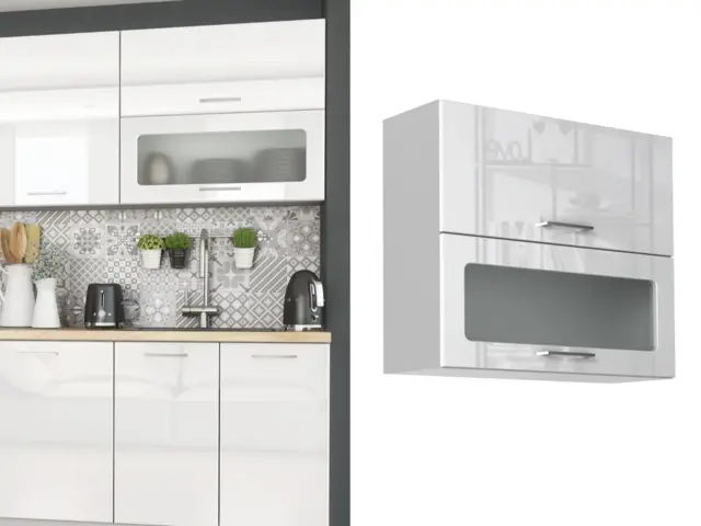 Kitchen Glass Wall Cabinet 800mm Display Unit White High Gloss Cupboard Glazed Lift Up Door - Ella - image 1