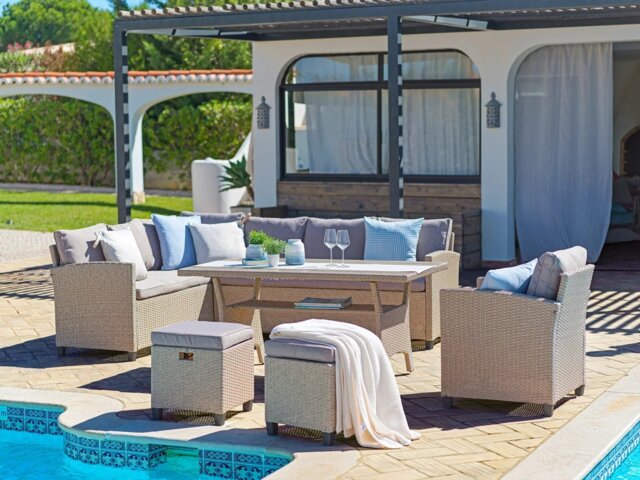 Garden Dining Set Outdoor Rattan Corner Sofa with Table 8 Seater Patio Decking Terrace Beige Brown - Barca - image 1