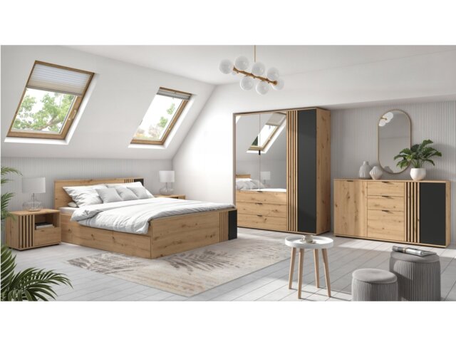 King Size Bedroom Set Euro 160cm Storage Bed Wardrobe 2 Bedsides Drawer Unit Black and Oak with Panelling – Vabres - image 1