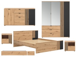 King Size Bedroom Set Euro 160cm Storage Bed Wardrobe 2 Bedsides Drawer Unit Black and Oak with Panelling – Vabres - thumbnail 2