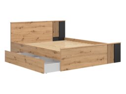 King Size Bedroom Set Euro 160cm Storage Bed Wardrobe 2 Bedsides Drawer Unit Black and Oak with Panelling – Vabres - thumbnail 4