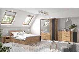 King Size Bedroom Set Euro 160cm Storage Bed Wardrobe 2 Bedsides Drawer Unit Black and Oak with Panelling – Vabres - thumbnail 1
