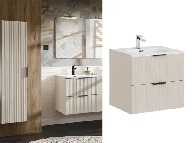 Bathroom Vanity Unit with Sink 600mm Fluted Cashmere Beige Modern Wall Hung Floating Cabinet with Drawers - Adel - image 1