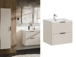 Bathroom Vanity Unit with Sink 600mm Fluted Cashmere Beige Modern Wall Hung Floating Cabinet with Drawers - Adel - thumbnail 1