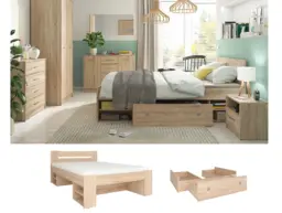 Double Bed Frame with Storage Underbed Drawers Shelves Euro 140cm Slats Sonoma Oak Finish - Nepo - thumbnail 1