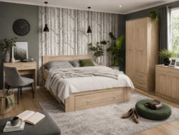 Double Bed Frame with Storage Underbed Drawers Shelves Euro 140cm Slats Light Oak Sonoma - Nepo - thumbnail 2
