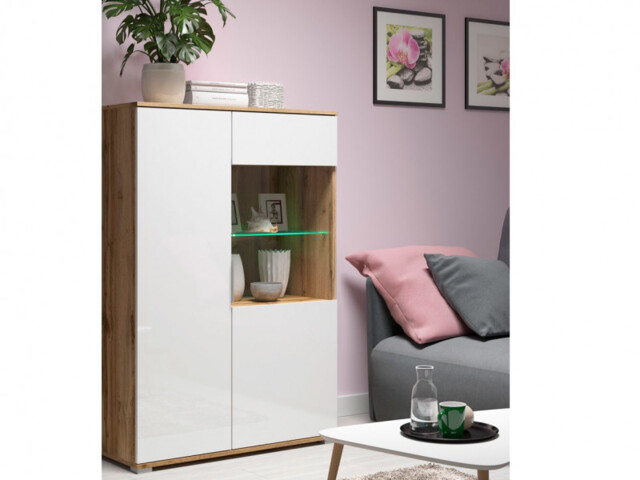 Wide Glass Fronted Display Cabinet Storage Unit with LED Light Modern White Gloss and Oak- Zele - image 1