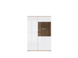 Wide Glass Fronted Display Cabinet Storage Unit with LED Light Modern White Gloss and Oak- Zele - thumbnail 2