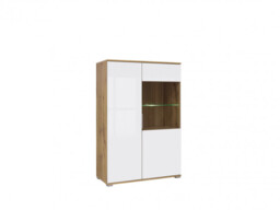 Wide Glass Fronted Display Cabinet Storage Unit with LED Light Modern White Gloss and Oak- Zele - thumbnail 3