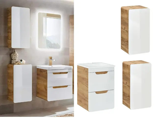 Wall Hung Slimline Bathroom Furniture Set 400mm Vanity Sink Drawer and Storage Cabinets White Gloss Oak - Aruba - image 1