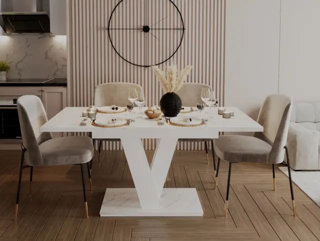 White Marble Dining Table Small Kitchen Table 120-160cm Extending White Marble Effect Top - Masy