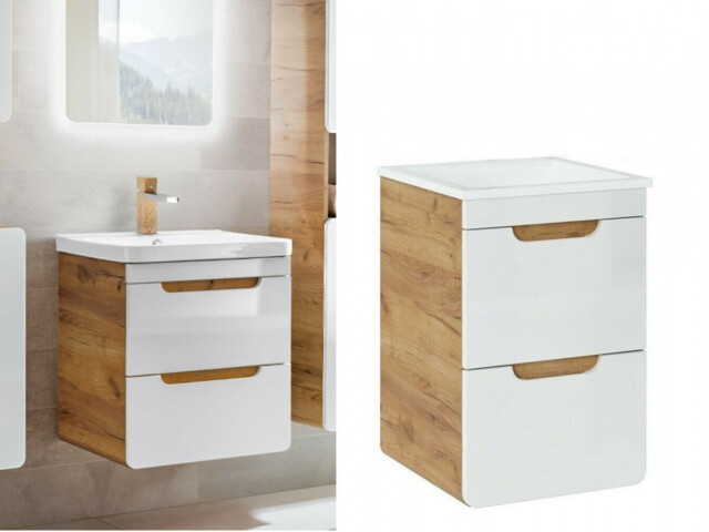 Wall Hung Vanity Unit with Basin Slim 50cm 500mm Drawer Bathroom Cloakroom Storage White Gloss Oak - Aruba - image 1
