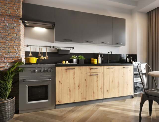 Complete DIY Kitchen Cabinets Set 7 Units Oak and Dark Grey Flat Pack Freestanding 240cm Budget Units - Clara - image 1