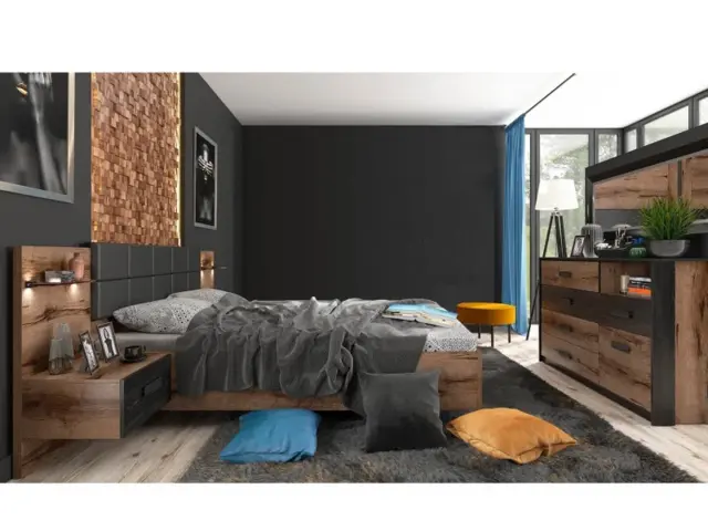 King Size Bed Euro Frame with Built-in Bedside Cabinets Lights USB Ports Sideboard Oak Black - Kassel Bedroom - image 1