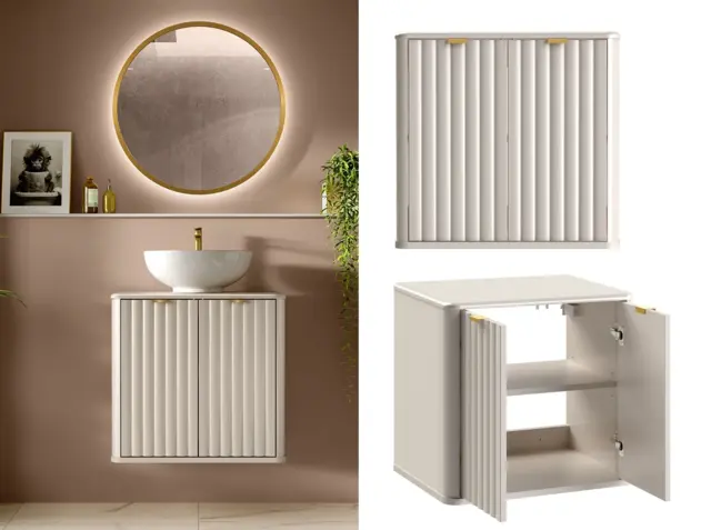 Wall Hung Vanity Unit 600mm Under Sink Bathroom Cabinet Cashmere Beige Countertop Fluted Ribbed Doors - Oren - image 1