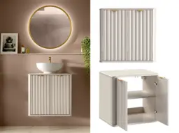 Wall Hung Vanity Unit 600mm Under Sink Bathroom Cabinet Cashmere Beige Countertop Fluted Ribbed Doors - Oren - thumbnail 1